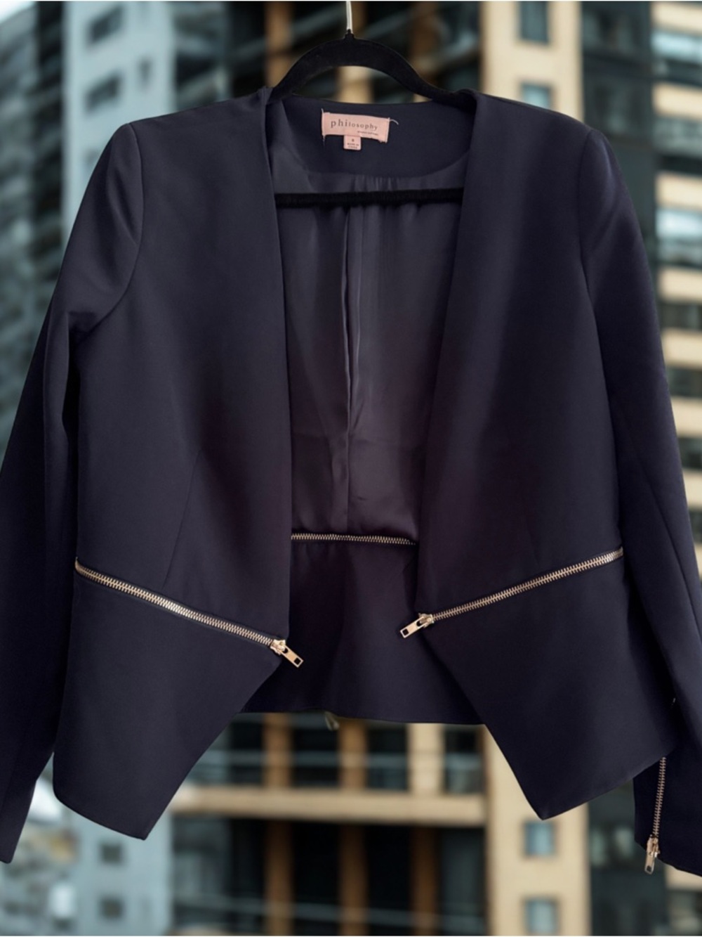 Philosophy Navy Open-Front Blazer with Gold Zipper Trim